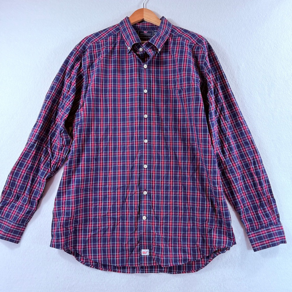 Vineyard Vines Button Down Shirt Mens XL Blue Red Plaid Slim Fit Murray Preppy